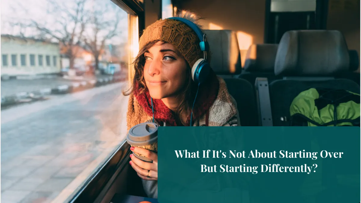A woman in her 40s sits on a train with a coffee in hand, working on her laptop with a calm, focused expression. The blurred countryside outside the window gives a sense of movement and transition.