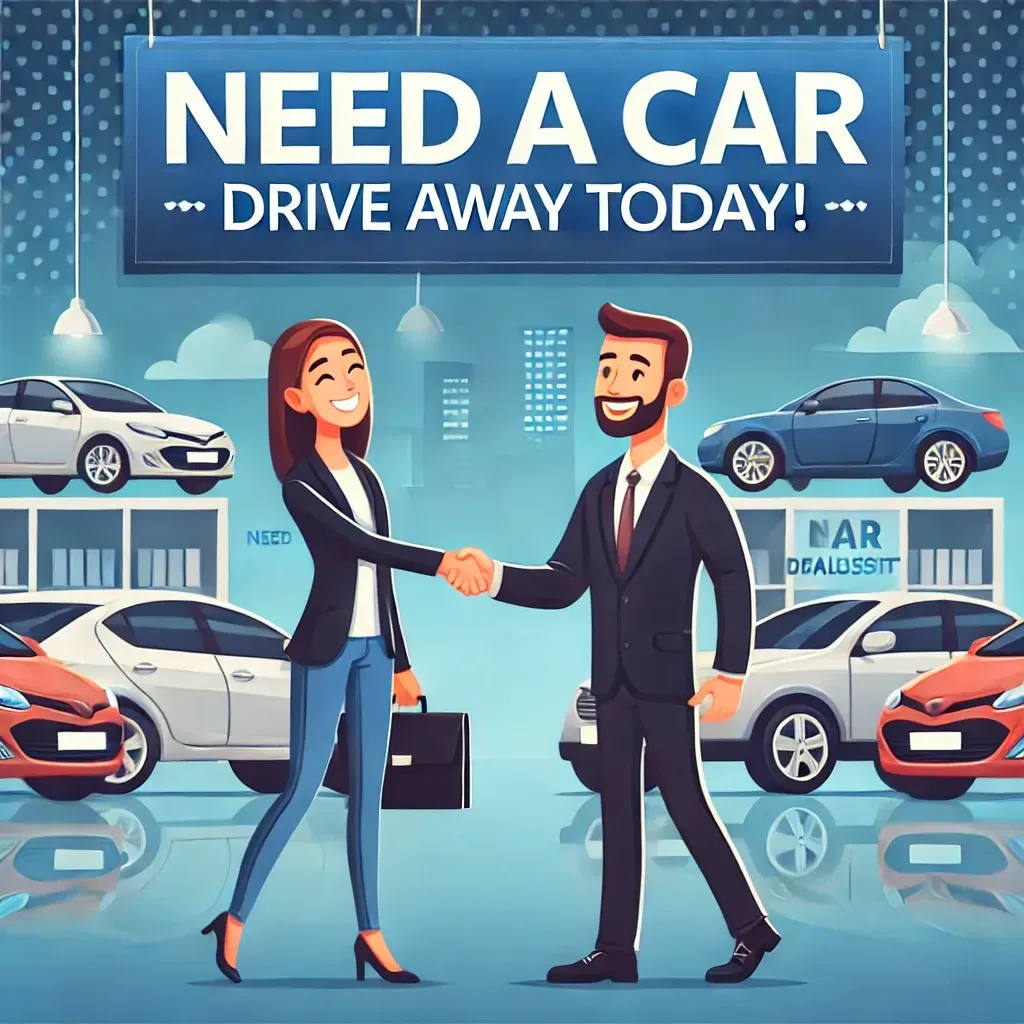 A happy customer shaking hands with a sales representative in front of a row of high-quality used cars at a Need A Car dealership, featuring a welcoming and modern environment with a banner reading "Drive Away Today!"