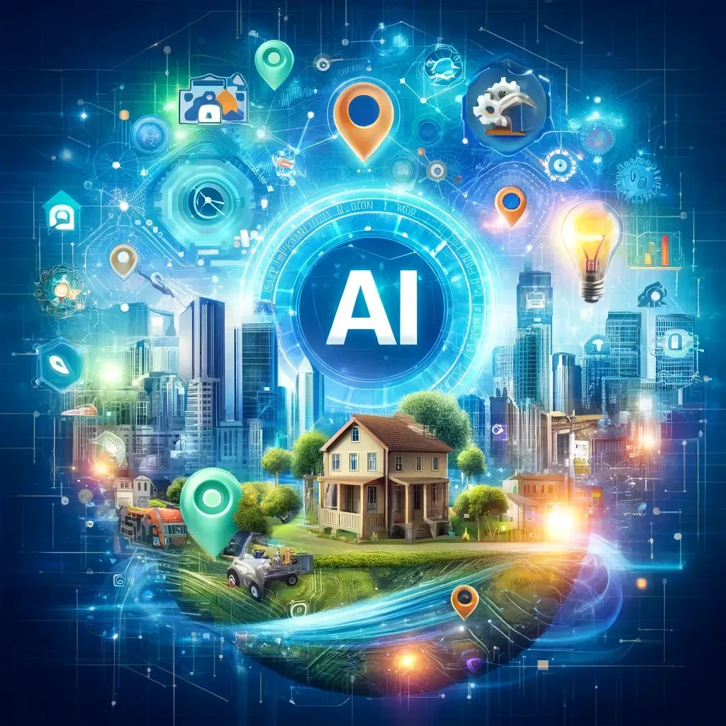 Digital landscape featuring AI technology with location icons and home service symbols, blending a cityscape with data flows, in blue and green tones for a blog on AI in local marketing.