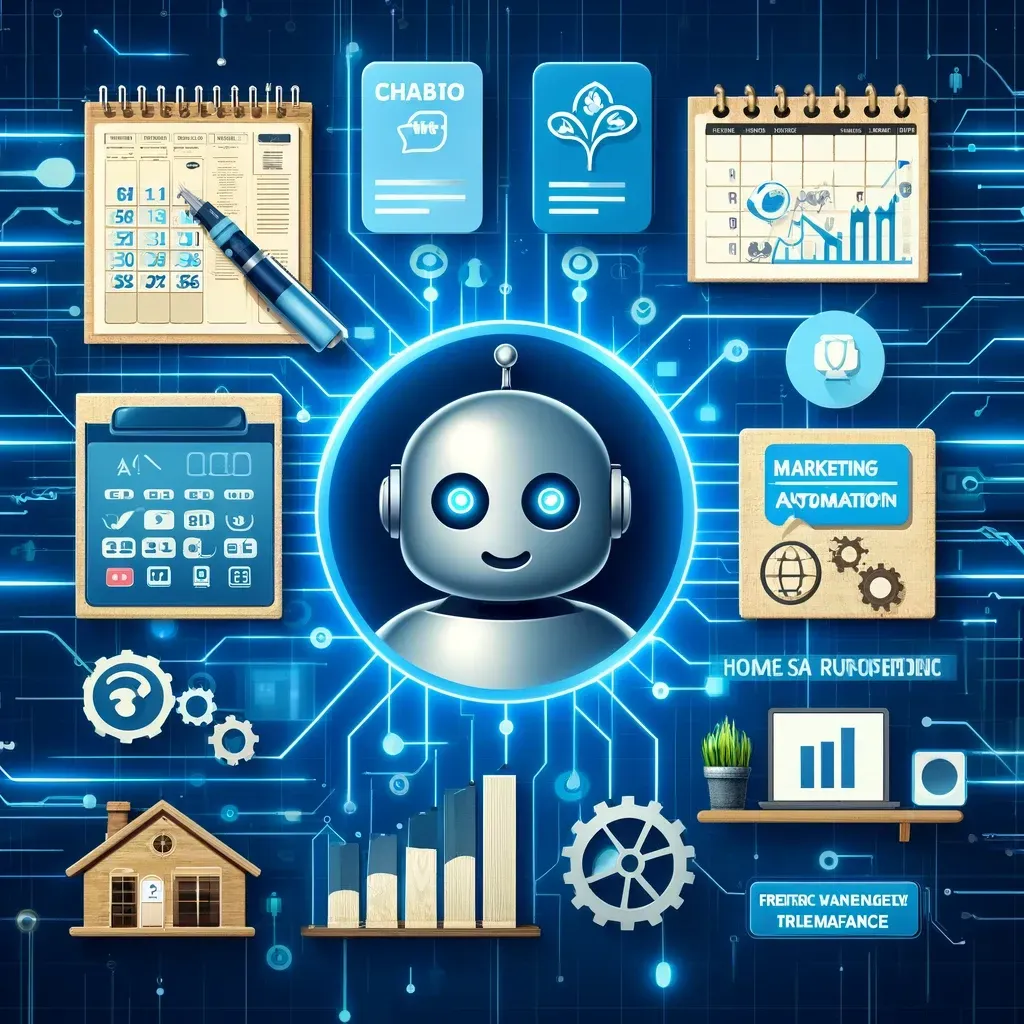 "Collage of top AI tools for home service providers, featuring icons of a digital calendar, CRM dashboard, chatbot interface, marketing automation flowchart, and predictive maintenance tools set against a digital background with circuit patterns and data streams in blues and greys."