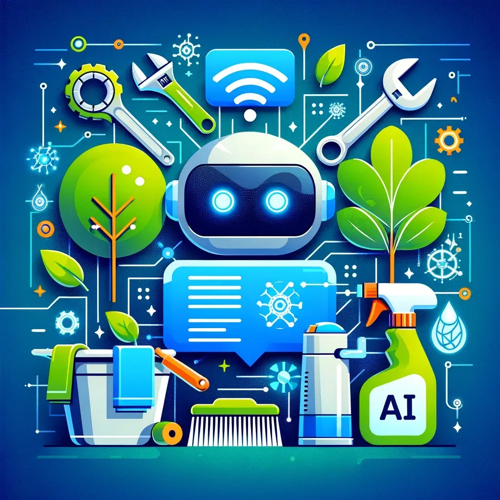 This image visually captures the integration of AI technology with the specific services of HVAC, landscaping, and cleaning, highlighted through vibrant and modern design elements.