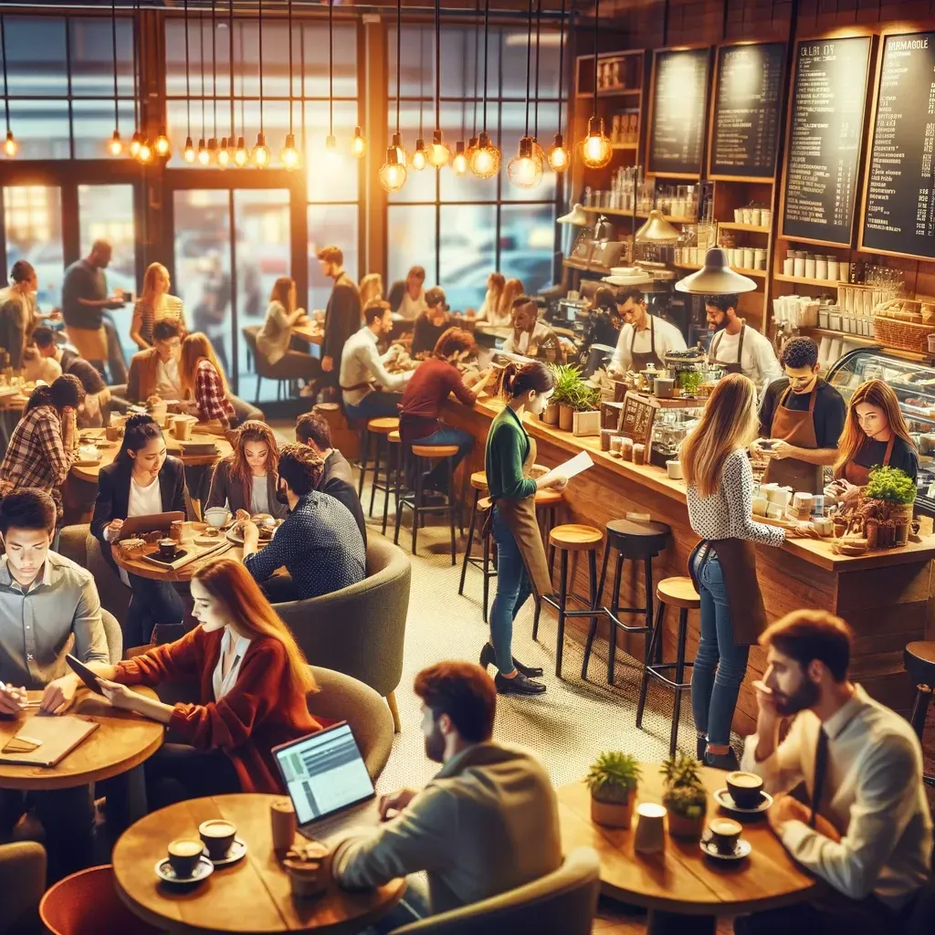 Bustling small business cafe interior with owner engaging customers, symbolizing vibrant community and strong customer relationships.