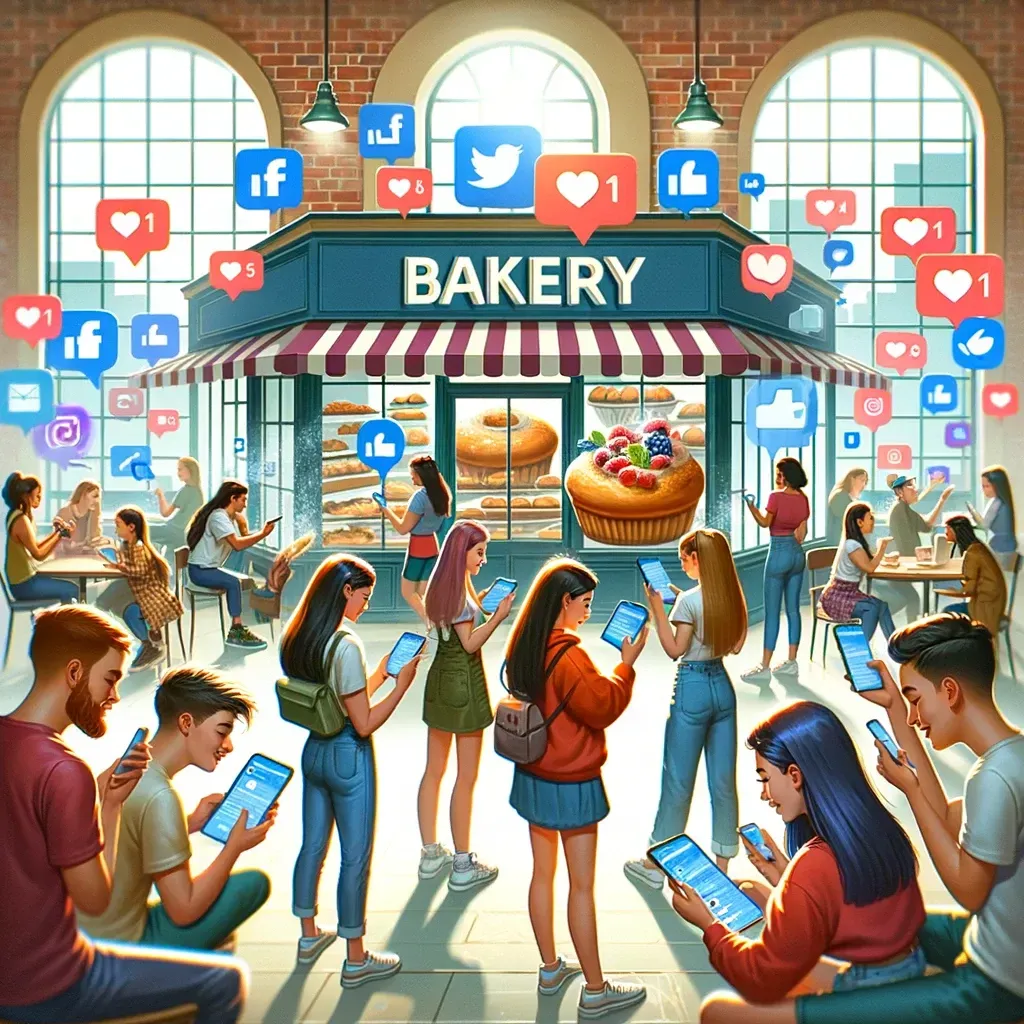 College students engaging with a bakery on social media using smartphones and laptops in a dynamic manner, emphasizing the immediacy and impact of online interactions in a vibrant setting.