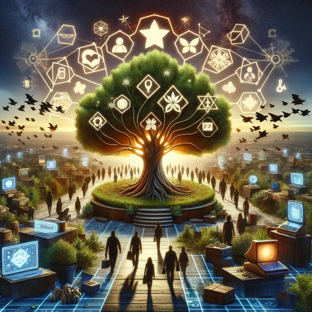 An illustration that captures the essence of a loyalty program as a secret garden within a digital marketplace, highlighting the majestic tree of loyalty, surrounded by innovative tools and gadgets, with people drawn towards the promise of belonging and unique rewards.