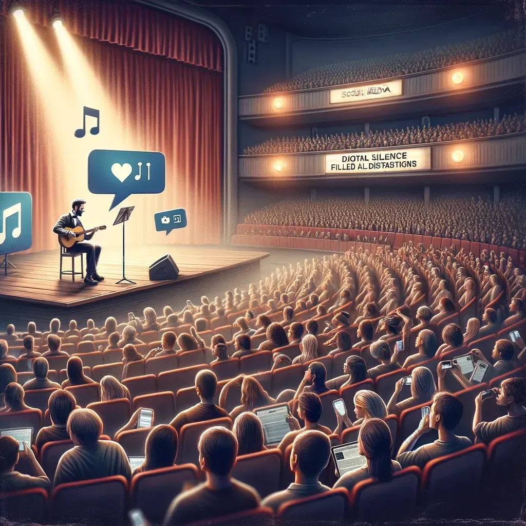 An image that represents the initial challenge of engaging an audience in the digital world, similar to a musician trying to capture the attention of distracted spectators in an auditorium. This visual metaphor underscores the importance of developing a unique voice, crafting engaging content, and leveraging targeted advertising in social media marketing.