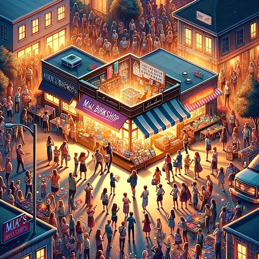 An image showcasing Mia's bookshop transformed into a vibrant cultural hub. This scene captures the energy of a local book fair within the cozy interior of the bookstore, highlighting the successful integration of local SEO strategies and community-focused events.