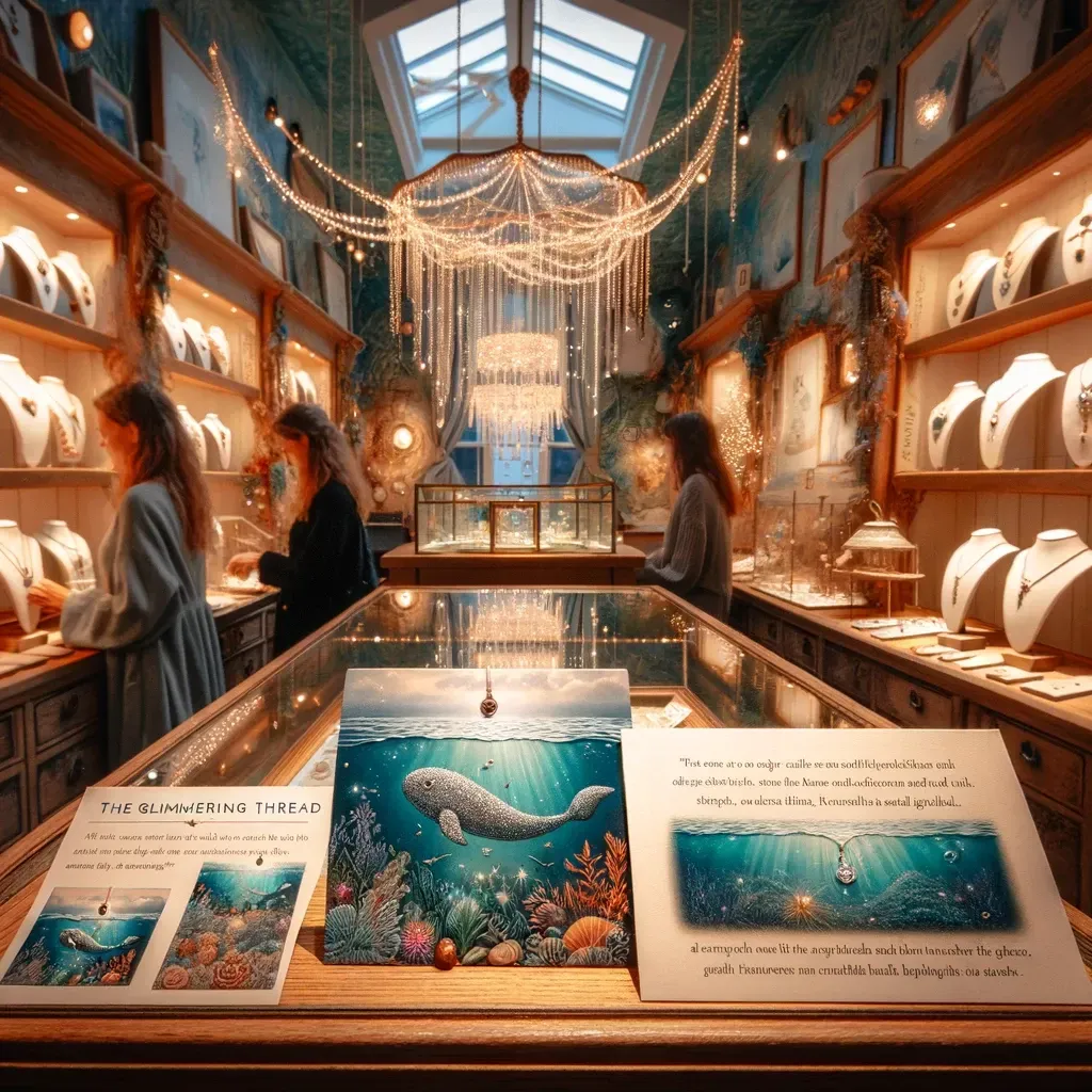 An image that takes you inside "The Glimmering Thread" boutique, a space where the beauty and mystique of the ocean are intricately woven into every product. This cozy, magical interior showcases jewelry pieces that sparkle with the essence of the sea, each accompanied by a story card that shares its inspiration and ties to ocean conservation. Customers are depicted exploring, drawn into the tales of adventure and sustainability, embodying the passion and creativity infused into the brand.