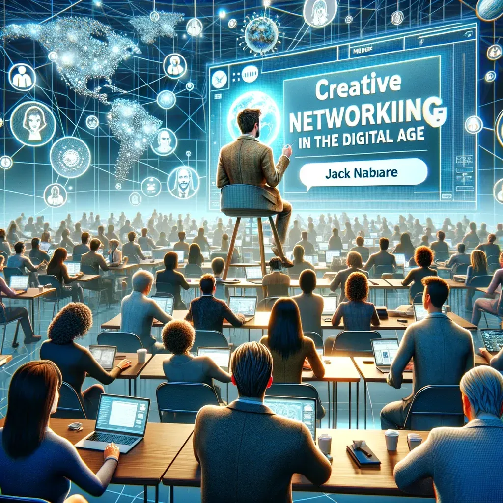 An image depicting Jack leading a workshop titled "Creative Networking in the Digital Age." This scene showcases his successful integration into the digital community and his role as a community connector and thought leader. It highlights his journey from isolation to influence, emphasizing his ability to inspire and empower others to embrace digital networking for creating meaningful professional relationships.