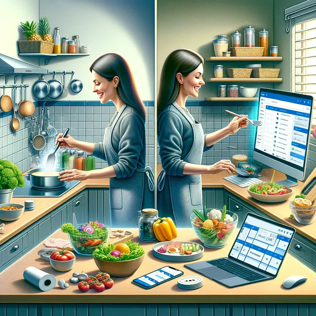 An image showcasing Laura's kitchen after her transformation into a model of efficiency and creativity. The organized and clean space, equipped with digital tools and automated systems, contrasts sharply with the previous chaos. Laura is depicted happily preparing a gourmet dish, surrounded by modern kitchen equipment and neatly arranged ingredients, with a laptop displaying project management software visible on the counter. This scene illustrates the successful integration of technology, automation, and strategic planning in creating a harmonious workspace.