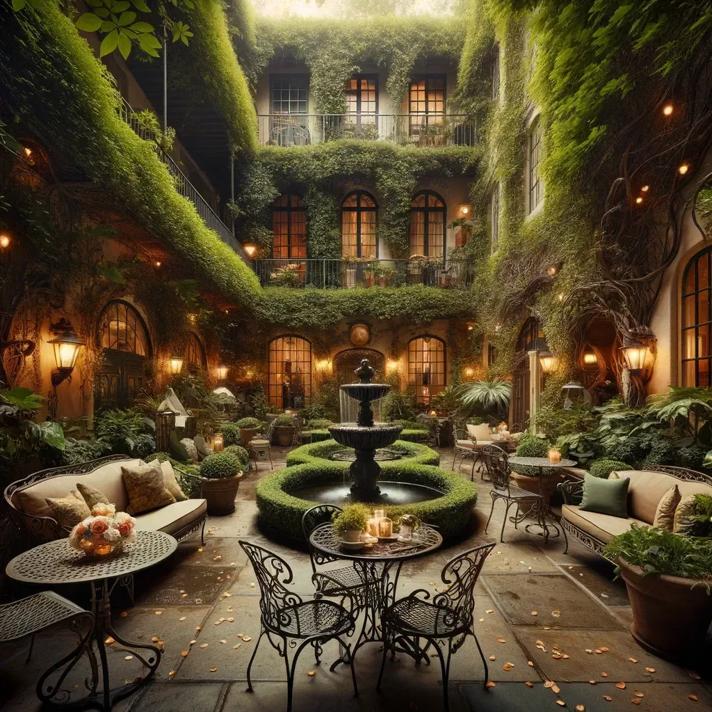 An image of the charming courtyard at "The Gilded Sparrow," a secluded oasis that allows guests to unwind amidst the tranquility of vintage-inspired gardens. This space, featuring wrought-iron furniture, lush greenery, and a gently burbling fountain, all surrounded by ivy-covered walls, embodies the romantic and bygone atmosphere of the hotel. It's an ideal spot for enjoying a quiet moment or a leisurely afternoon tea, serving as a testament to the hotel's commitment to blending historical elegance with modern hospitality.