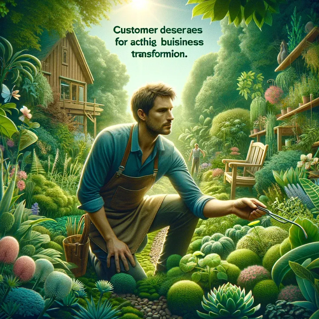 An image depicting Thom, a visionary landscaper, working attentively in a biodiverse garden that he created based on customer feedback. This lush garden, filled with a variety of plants, flowers, and habitats, showcases Thom's dedication to supporting local wildlife and providing educational value, bringing to life the eco-friendly and meaningful outdoor spaces his customers desired.