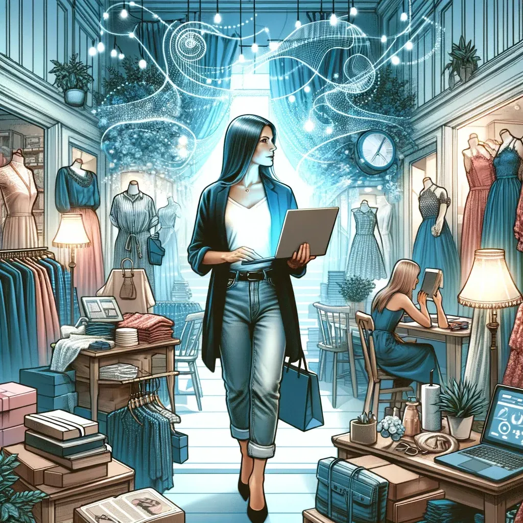 An image depicting Emily in the midst of her local boutique, now transformed into a buzzing online fashion emporium. Surrounded by stylish clothing and accessories, the dynamic and vibrant environment reflects her successful transition to an online store. Emily, with a laptop in hand, manages her e-commerce site, showcasing the seamless integration of digital tools in her business operations. This scene illustrates her journey from a physical boutique to a digital powerhouse, highlighting the blend of fashion, technology, and strategic e-commerce planning.