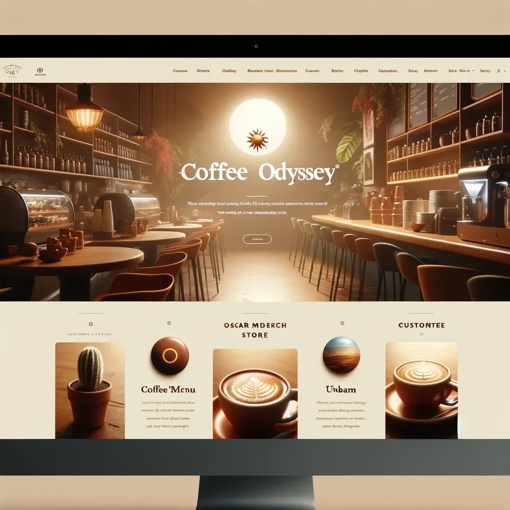 An image showcasing the homepage of 'Coffee Odyssey's' website, thoughtfully designed with Omar's unique visual brand identity. The site features a warm color palette, the sunbeam logo, and captivating images of coffee cups and inviting café interiors. Intuitive navigation with clear sections for the coffee menu, the brand's story, and customer testimonials creates an engaging digital presence. This website not only attracts coffee lovers but also tells the story of 'Coffee Odyssey' through every element, serving as a portal into the world Omar has crafted and inviting visitors to explore the depth of his coffee passion.