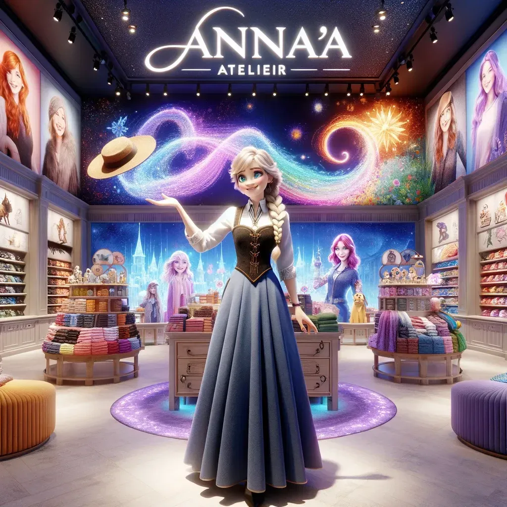 An image depicting Anna standing proudly in her transformed boutique, Anna's Atelier, which now radiates enchantment and style. The boutique is alive with thematic zones like the 'Scarf Galaxy' and 'Hat Kingdom,' inviting customers to explore and interact with the products. The space is vibrant, with dynamic lighting and colorful displays that bring the products to life. Anna is shown as a welcoming guide into her realm of wonder, showcasing her dedication to creating a unique and engaging shopping experience. This visualization captures the essence of transforming a retail space into an immersive adventure for customers.