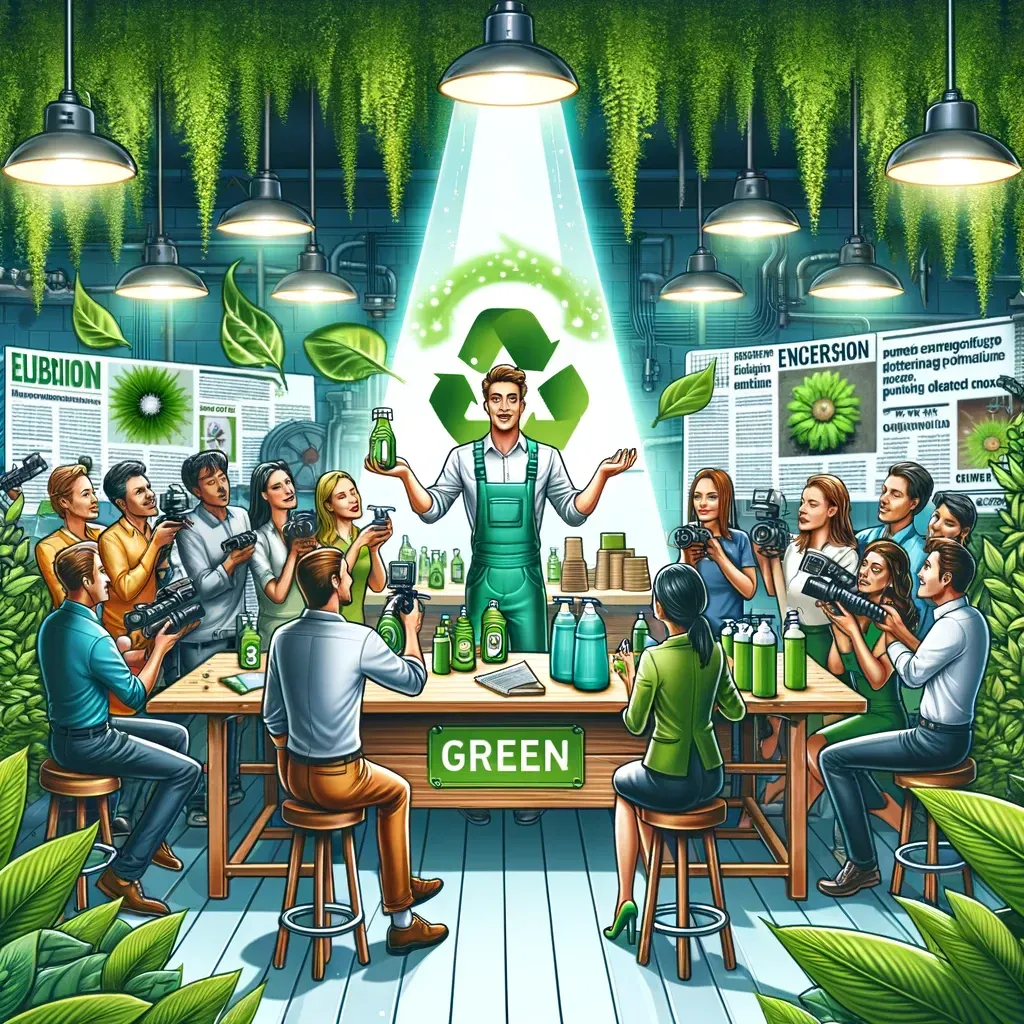 Another image inspired by the themes of eco-friendly innovation and strategic media engagement in the green cleaning industry, showcasing the entrepreneur's interaction with journalists and influencers.