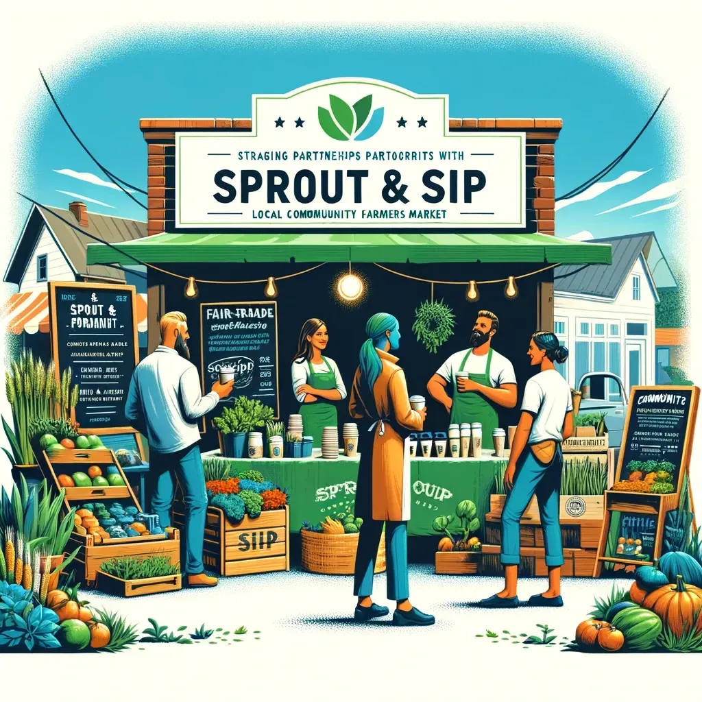 This image showcases Sprout & Sip's engagement with the community at a farmers market, highlighting their collaboration with local farmers and businesses. It captures the essence of strategic partnerships and community engagement, vital components for building a sustainable brand.