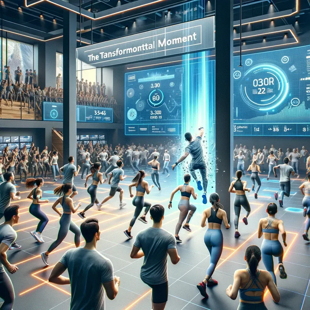 The image vividly illustrates a transformational fitness class at "Recharged," where the integration of data analytics and technology enhances the workout experience. This scene captures the essence of a community-driven, vibrant fitness environment, showcasing how data-driven insights can personalize and optimize fitness offerings to meet the evolving needs of its members.