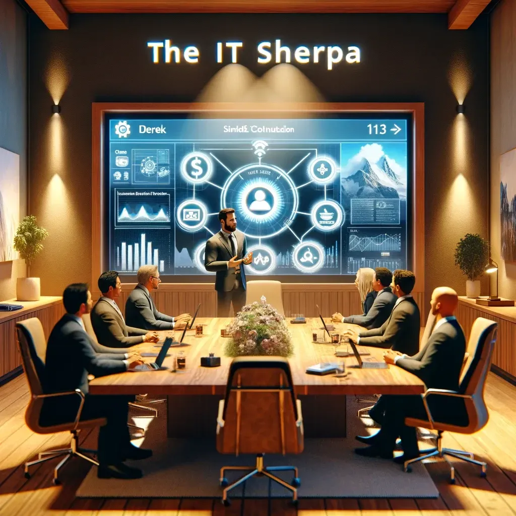 An image illustrates a pivotal moment where Derek, the IT Sherpa, presents customized tech solutions to his clients in a conference room. This setting, marked by advanced presentation technology and an atmosphere of mutual respect, underscores the significance of personalization and client-centered partnerships in the realm of IT support.