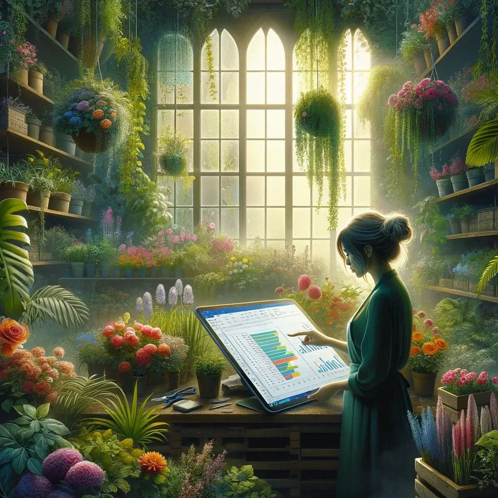 The image vividly captures Ivy's floral shop, blending the natural beauty of her floral haven with the strategic acumen of financial management. Ivy, illuminated by natural light, delves into her financial planning on a digital tablet, surrounded by a profusion of flowers and plants. This scene beautifully illustrates the dual essence of creativity and precision, symbolizing the journey from passion to proficiency in both floristry and financial management.