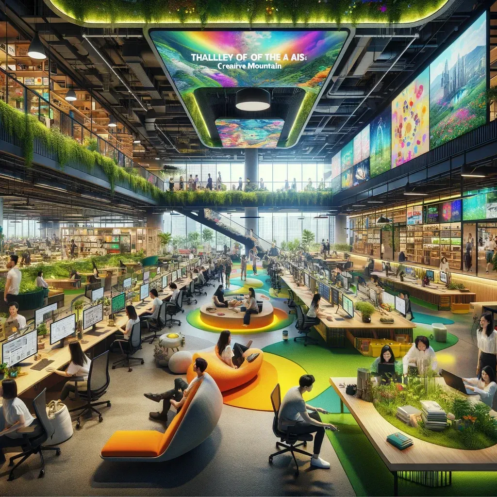 This image brings to life the vibrant and innovative workspace of "Valley of the AIs: Creative Mountain," where the fusion of creativity, technology, and nature creates an inspiring atmosphere. It highlights the agency's dedication to fostering a harmonious work environment that promotes collaboration, well-being, and a balance between work and life, embodying the essence of their success.