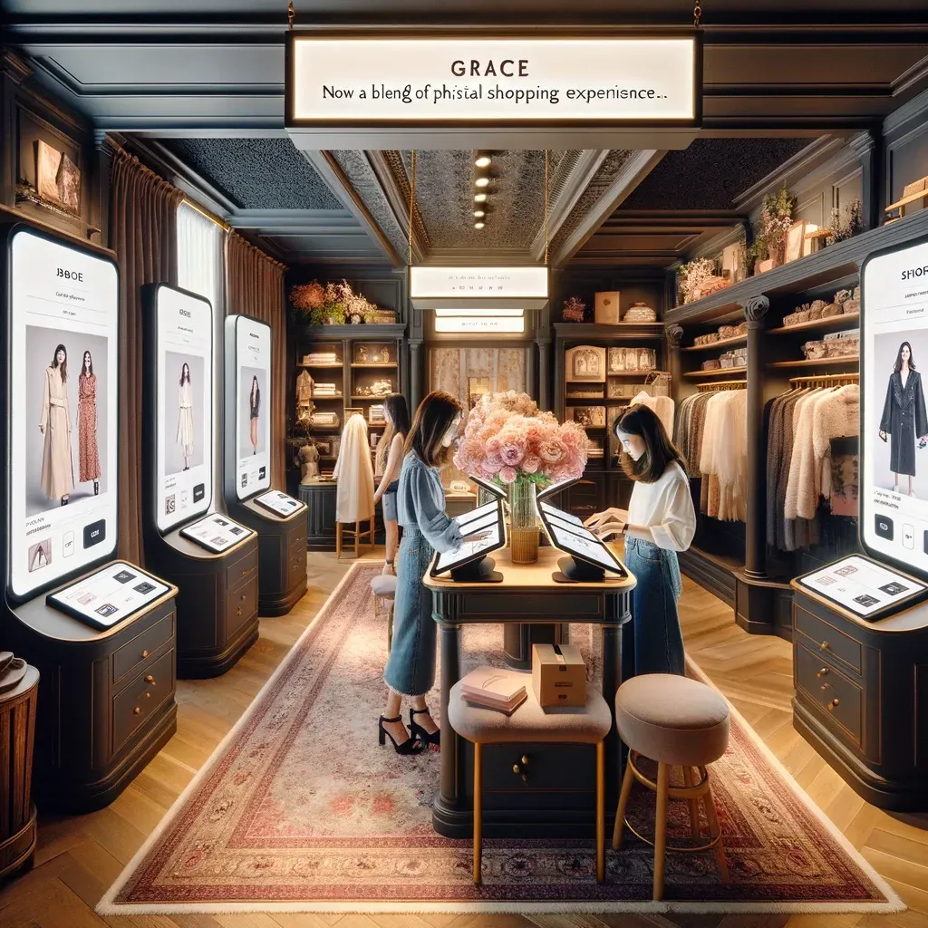 This image illustrates the inside of Grace's boutique, where a harmonious blend of virtual and physical shopping experiences unfolds. Customers engage with digital kiosks to explore products, underscoring the innovative integration of technology with the boutique's unique aesthetic. Digital displays coexist with vintage decor, exemplifying how technology has been leveraged to elevate the shopping experience, merging online convenience with the charm of in-store browsing and marking a significant presence in the digital retail landscape.