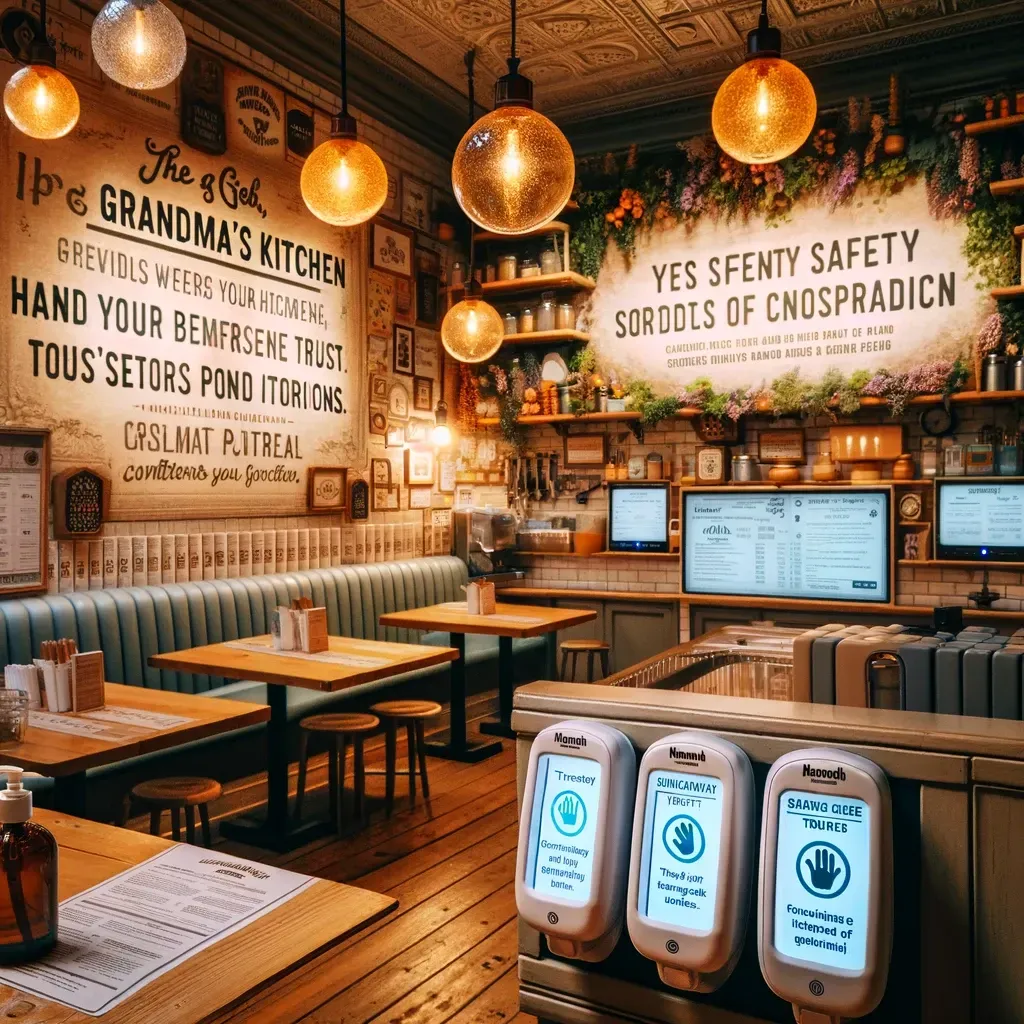 This image beautifully captures the essence of "Grandma's Kitchen," where the cozy and inviting atmosphere is harmoniously integrated with safety innovations like hand sanitizers and digital menus. The interior, echoing warmth and trust, showcases clear safety protocols and the ethical sourcing of ingredients, reflecting Hannah's dedication to customer well-being. It exemplifies how adaptability and a focus on trust can redefine the dining experience in the hospitality industry, making "Grandma's Kitchen" a model of comfort and conscientiousness.