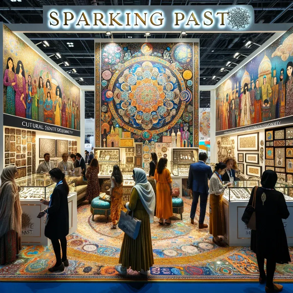 This image depicts a lively scene at a global trade show, where "Sparkling Past's" handcrafted jewelry collection is showcased. The booth, embellished with cultural motifs from across the globe, highlights Isabel's dedication to cultural sensitivity and her brand's international appeal. Visitors of diverse backgrounds are captivated by the unique fusion of tradition and modernity. This setting embodies "Sparkling Past" as a brand that transcends geographical limits, fostering connections with varied cultures through its distinct and meaningful designs.