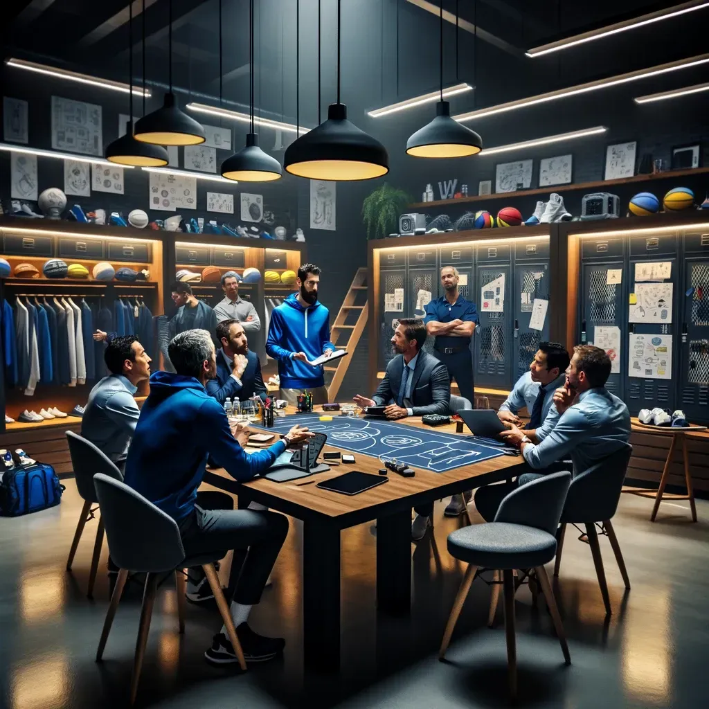 This image depicts the interior of "The Locker Room" during a vibrant product innovation brainstorming session. Kevin and his team are gathered around a table filled with sketches, prototypes, and digital devices, immersed in a discussion about new product ideas and technological advancements in sports equipment. The atmosphere is brimming with creativity and collaboration, showcasing Kevin's dedication to keeping the business at the cutting edge of innovation and customer satisfaction. This scene highlights the crucial roles that teamwork and forward-thinking play in propelling the business toward continued success.