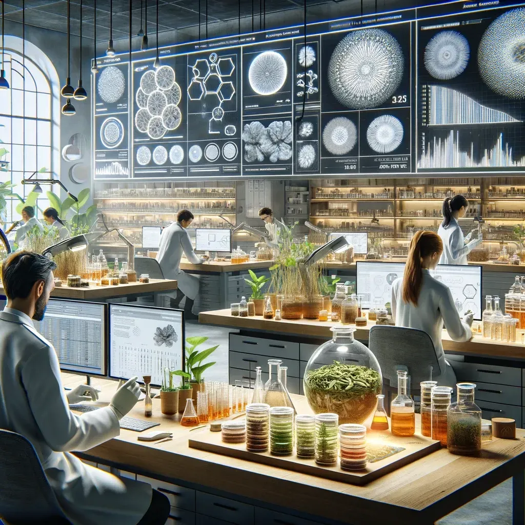This image vividly portrays the innovative environment of Olivia's lab, where the intersection of herbal tradition and scientific research creates a dynamic space for the development of natural skincare products. With scientists and herbalists working closely, the lab is a testament to the brand's commitment to blending ancient herbal wisdom with contemporary scientific methods, aiming to produce skincare solutions that are not only effective but also sustainable. This scene encapsulates the meticulous effort and dedication to creating unique and natural beauty products.