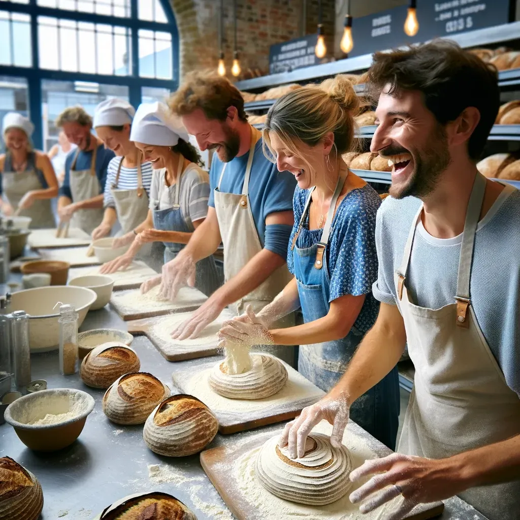 This image beautifully captures a moment during a sourdough masterclass at Rachel's Bakery, where the aroma of fresh pastries and the warmth of shared learning fill the air. Attendees, with hands dusted in flour, are engrossed in the art of artisanal bread-making under Rachel's guidance. The bakery is alive with laughter and discovery, transforming into a vibrant classroom that fosters community through the love of baking. This scene illustrates how Rachel's events cultivate a sense of belonging and turn customers into passionate advocates for her brand.