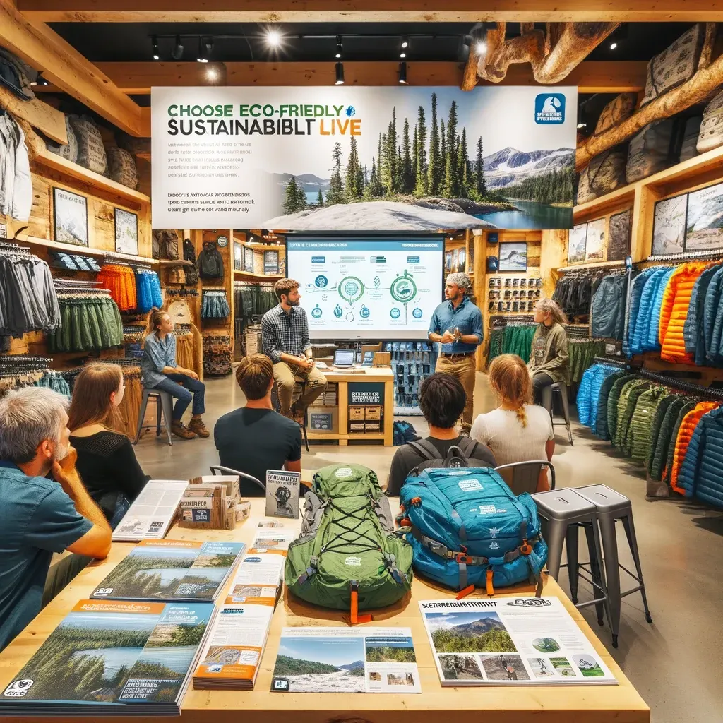 This scene unfolds inside Marco's outdoor gear store during a workshop focused on sustainable living and selecting eco-friendly outdoor gear. With the store decked out in educational displays about environmental protection and sustainable products, Marco and sustainability experts lead the session, engaging with the audience in meaningful discussions. This workshop highlights the store's commitment to serving as an educational hub, fostering awareness and encouraging responsible consumer choices.