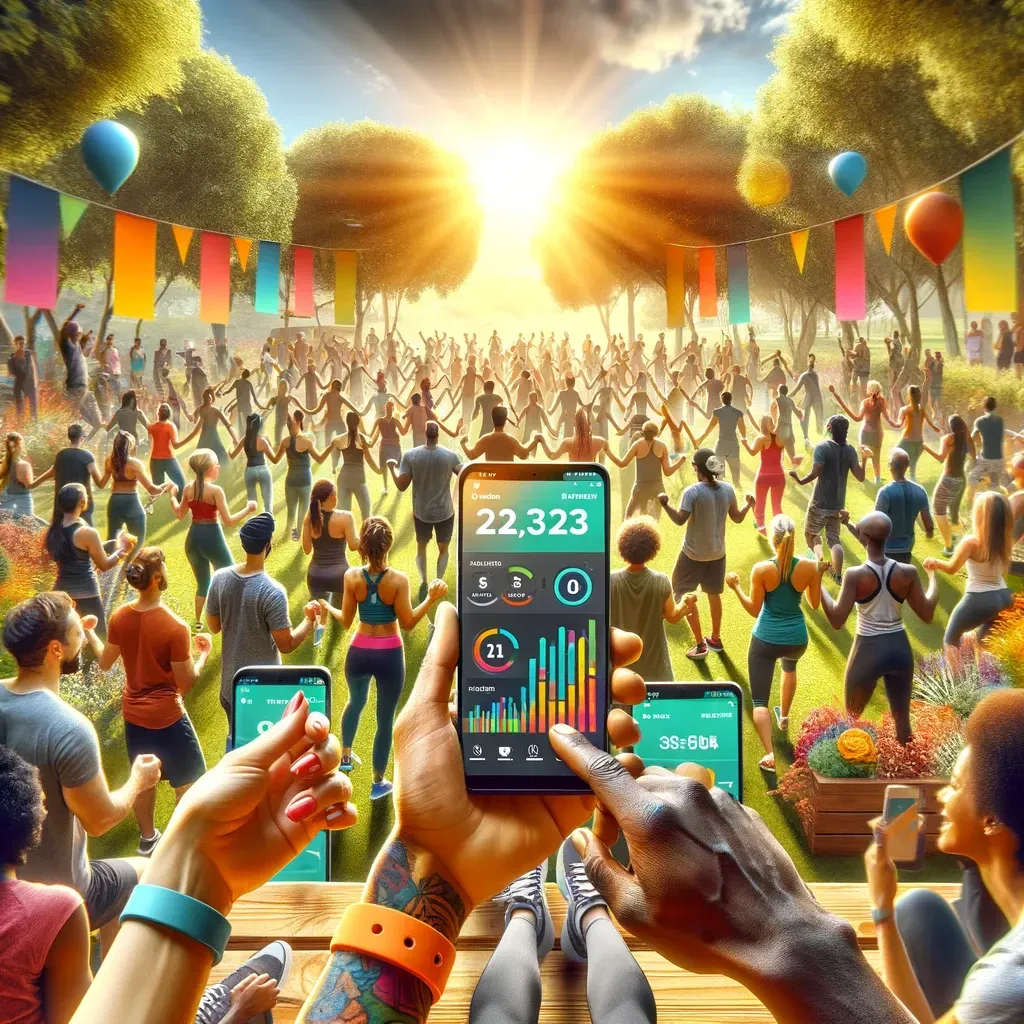 This image brings to life a community fitness challenge event organized through Liam's app, capturing a moment where participants from various backgrounds come together in a park. With smartphones in hand, displaying the app's interface, they track their progress and cheer each other on. This scene beautifully illustrates the digital community's spirit manifesting in the physical world, emphasizing the app's role in uniting people around health, motivation, and camaraderie.
