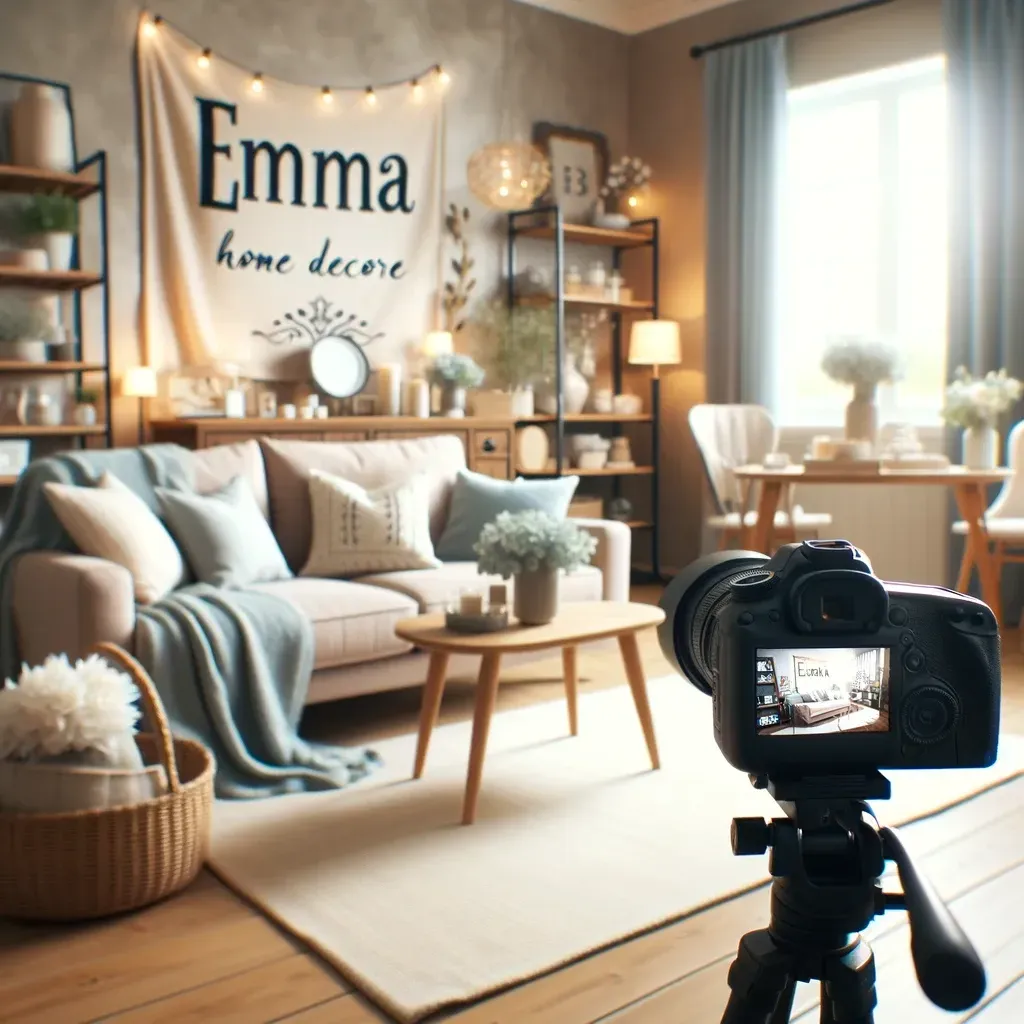 This scene presents a cozy setup for filming Emma's home décor brand videos, featuring a beautifully arranged living room that captures the brand's aesthetic of comfort and style. The camera is positioned to highlight how Emma's décor items enhance a living space, with natural light adding to the inviting atmosphere. The setting conveys the warmth her brand promises, making viewers feel like they're glimpsing into a home they'd aspire to create.