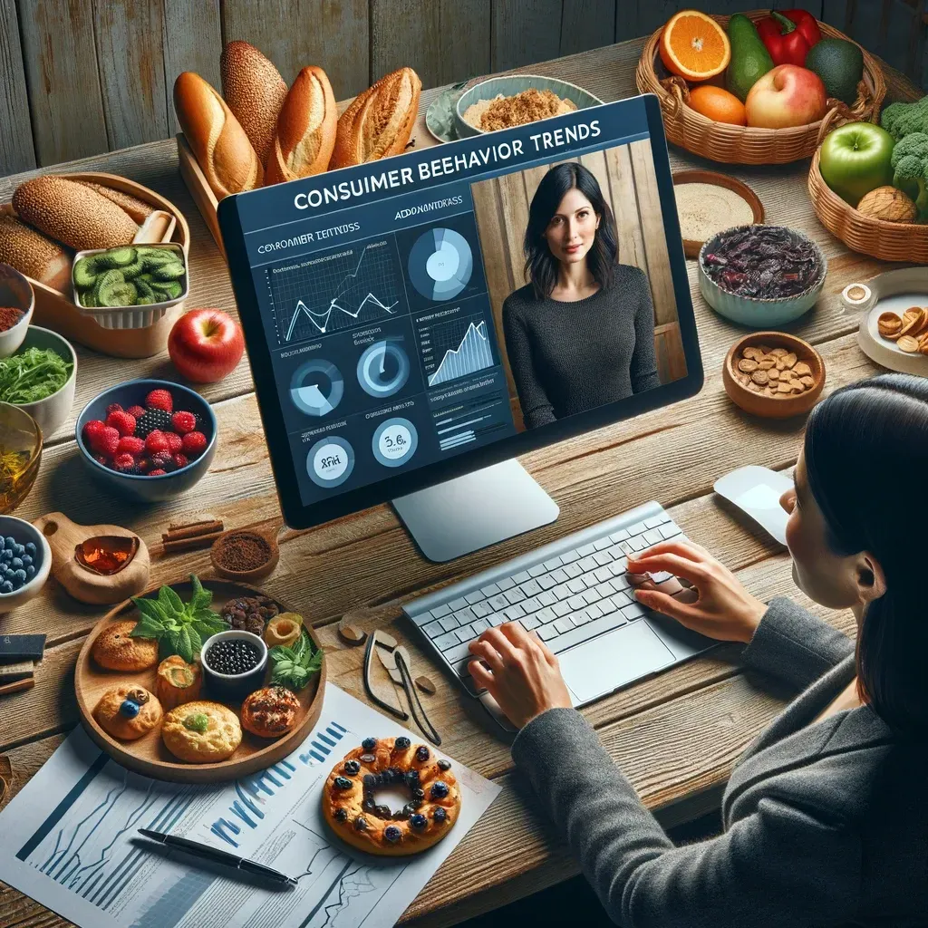 Mia is depicted analyzing consumer behavior trends on her computer, surrounded by an array of gourmet foods. The screen showcases graphs and analytics, illustrating her dedication to understanding and adapting to changing consumer preferences. This image reflects Mia's strategic approach to staying ahead in the gourmet food market by aligning her product offerings with the latest trends and consumer values, emphasizing sustainability and health consciousness.