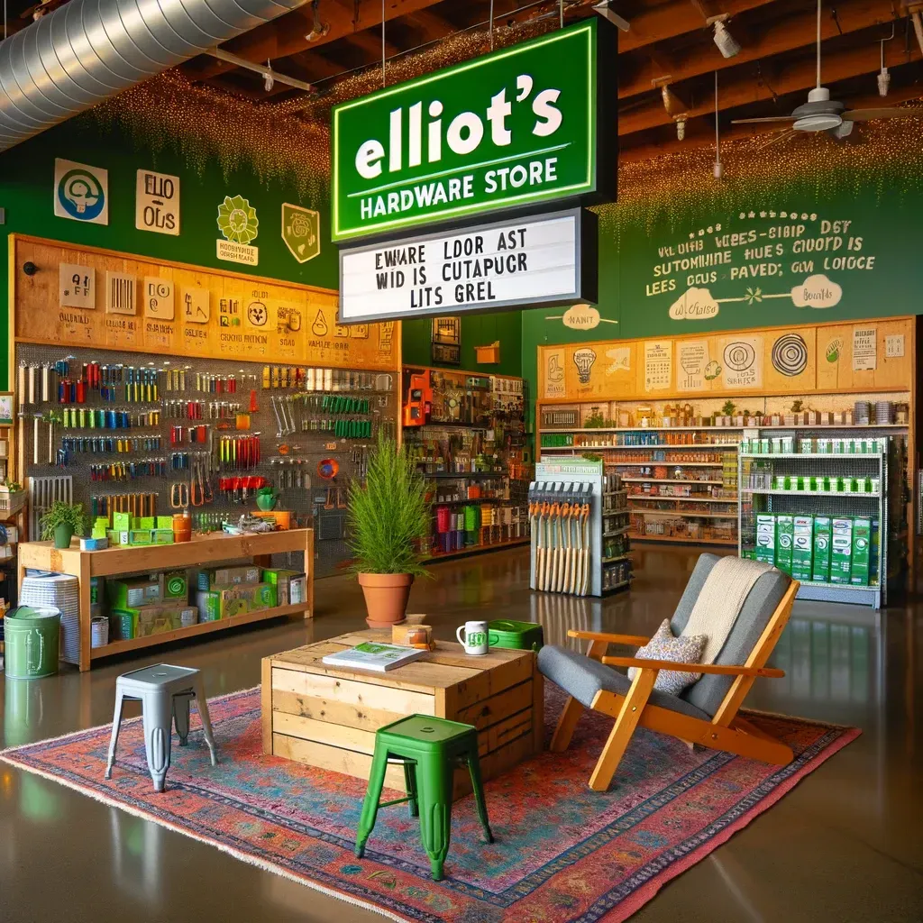 Inside Elliot's hardware store, transformed into a community hub with sustainable practices and diverse offerings, fostering innovation and relationships.