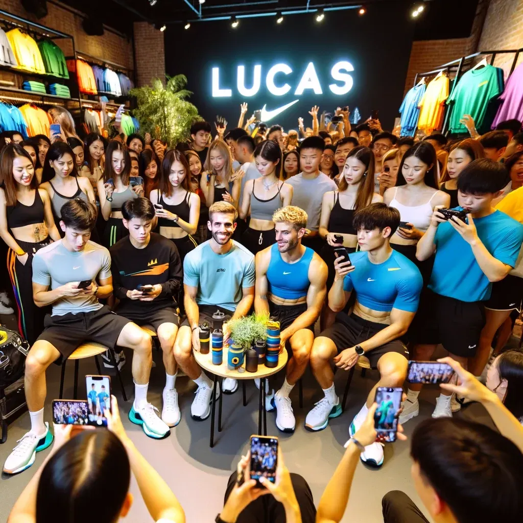 A vibrant gathering at Lucas's sportswear brand event, showcasing influencers and fans united by their shared passion for fitness and style, creating a community atmosphere.