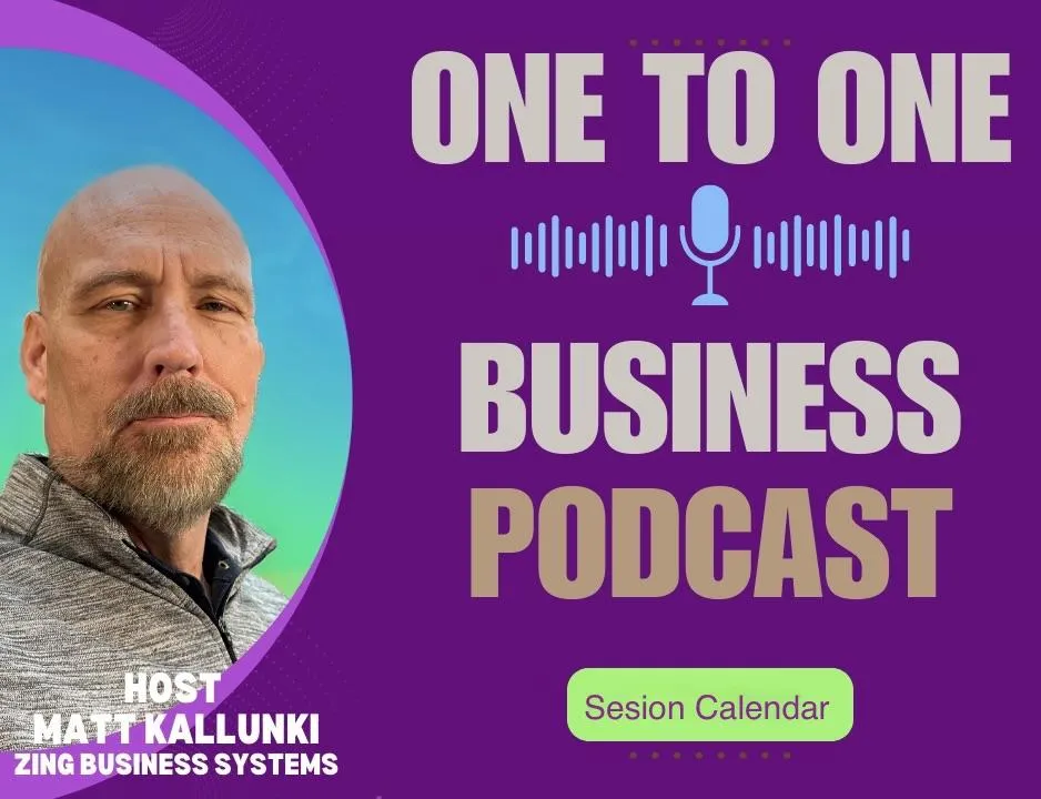 The image promotes the "One to One Business Podcast" and features a headshot of the host, Matt Kallunki, on the left. Matt is a bald man with a goatee, wearing a grey shirt, and has a serious expression. The right side of the image displays the podcast title in bold white and golden text on a purple background with green accents. A graphic of a microphone with a soundwave pattern is also visible. Below the title, a green button labeled "Session Calendar" invites the audience to schedule a time.