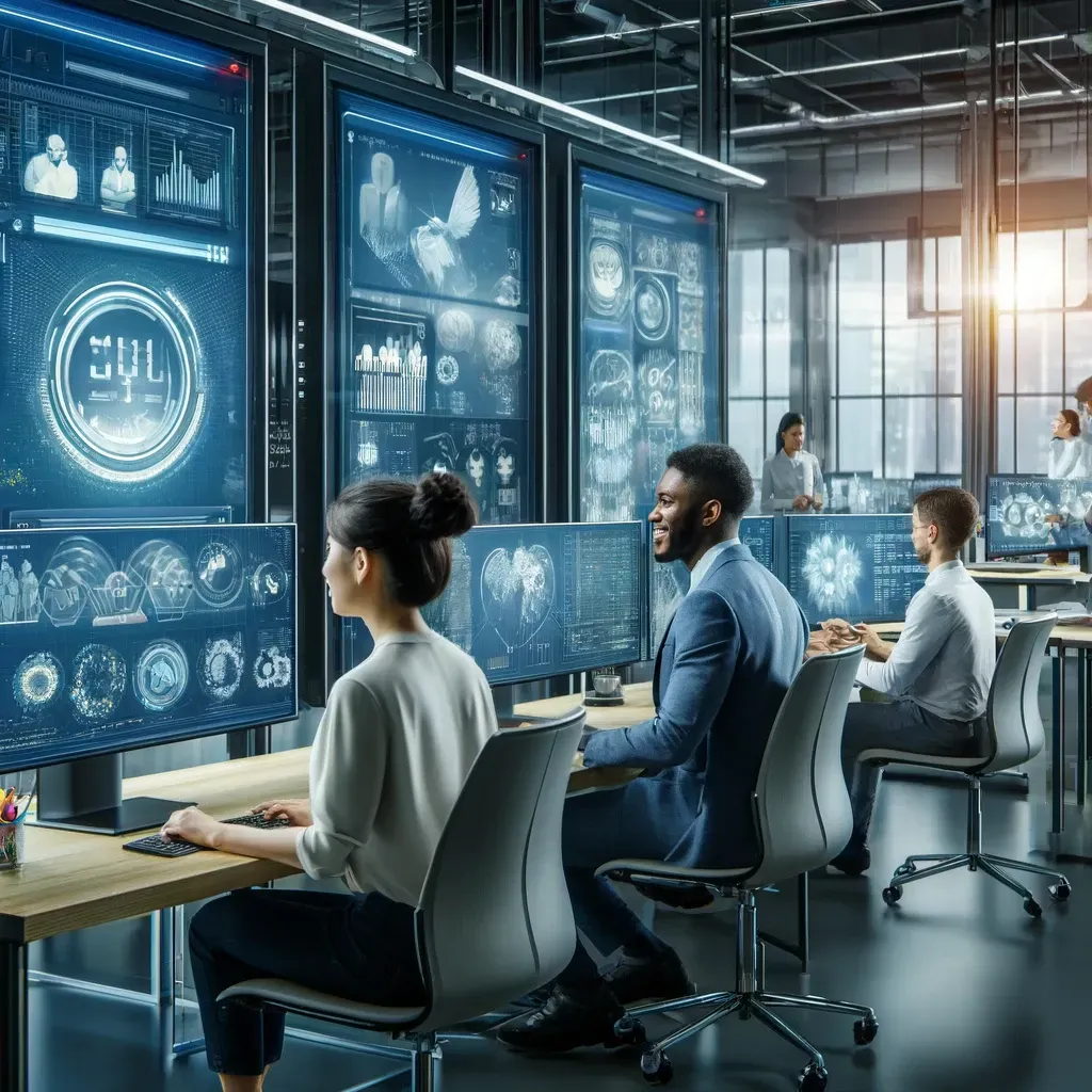 An image shows a team of tech professionals, including diverse members, analyzing customer behavior data in a modern, technologically advanced office setting.