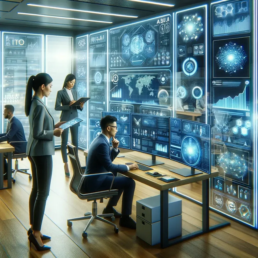 This image depicts a futuristic office where a professional team, including diverse members, is managing e-commerce operations using advanced AI tools.