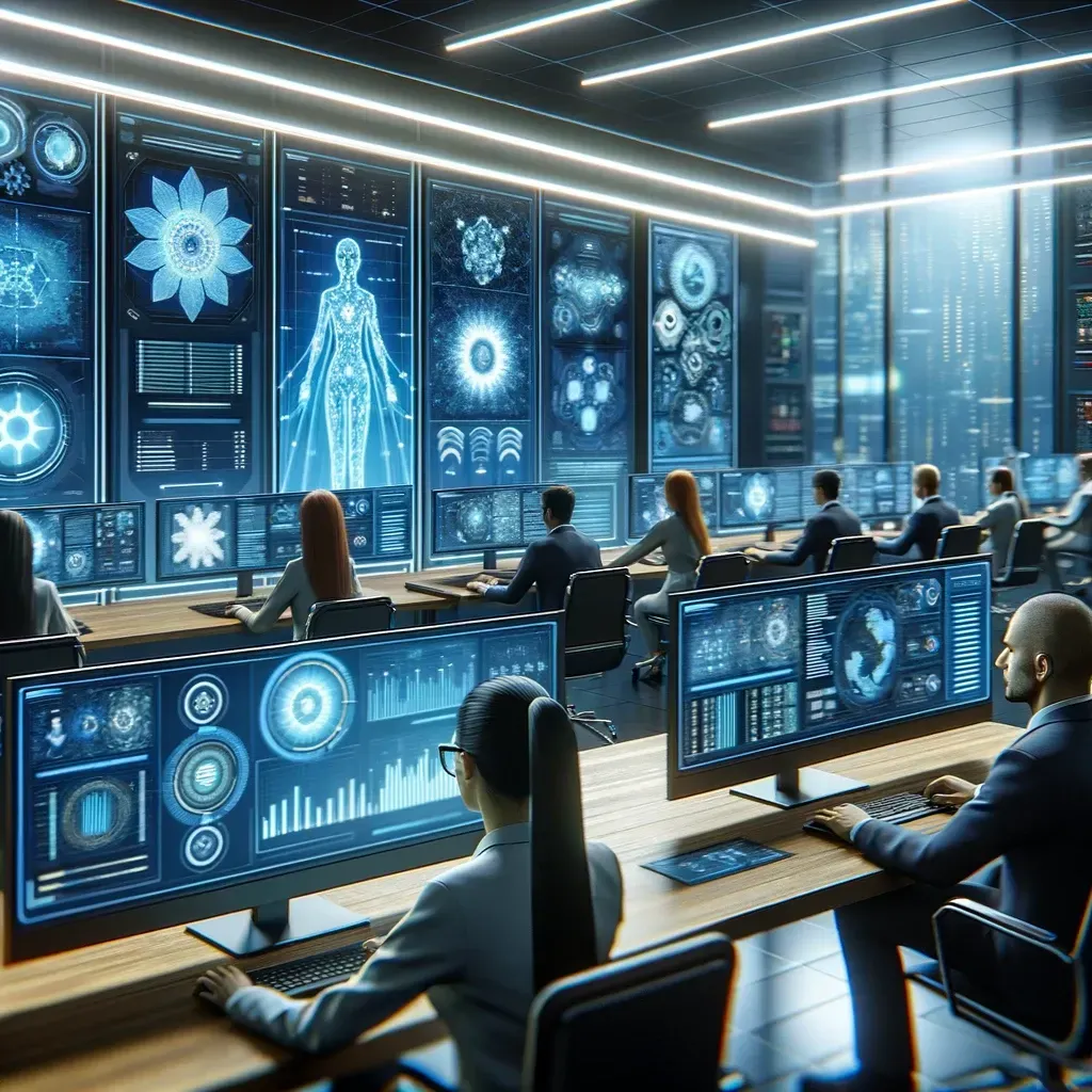 An image features a futuristic cyber security operations center where a diverse team of professionals uses advanced AI technologies to monitor and secure online transactions.
