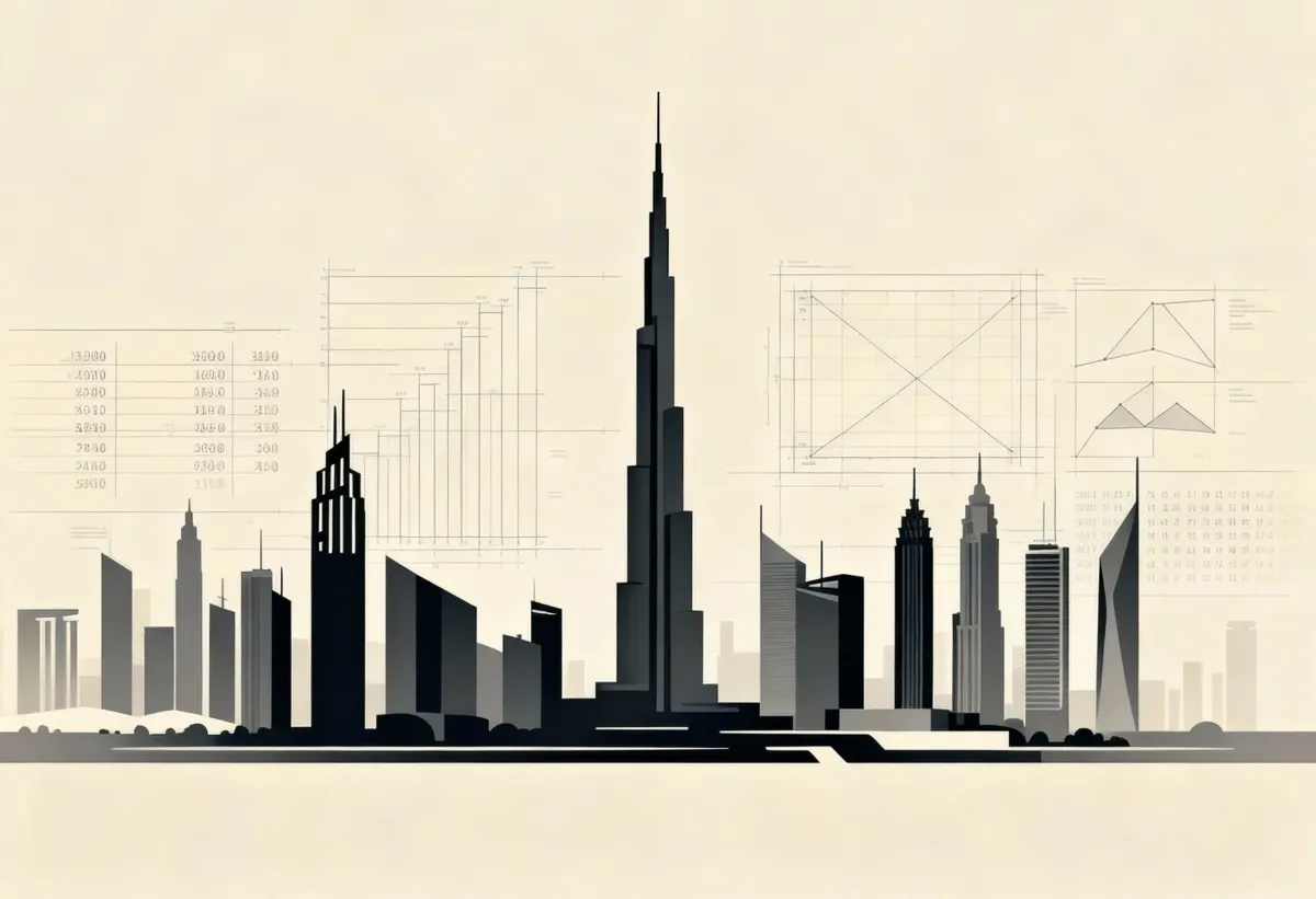 Minimalist illustration of the Dubai skyline with blueprint-style real estate data elements.