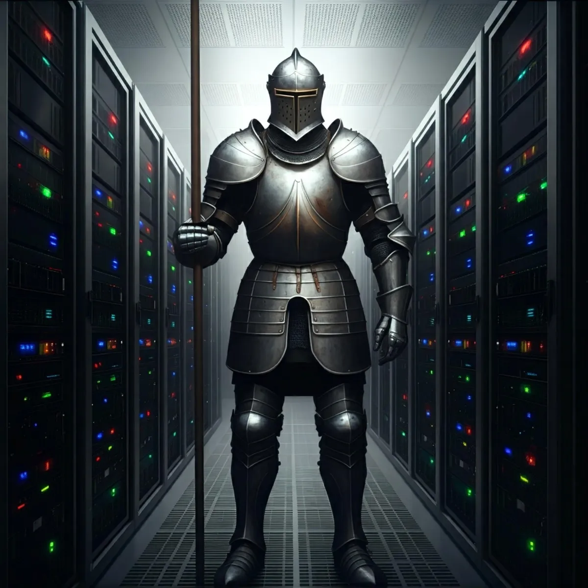 Mewtal clad knight guarding a data center