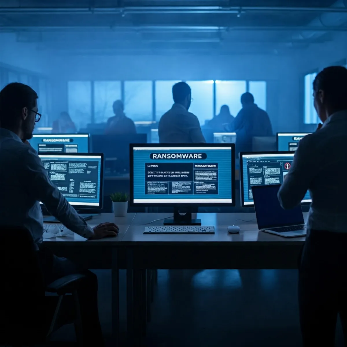Ransomware attack in an office with office workers looking horrified and helpless