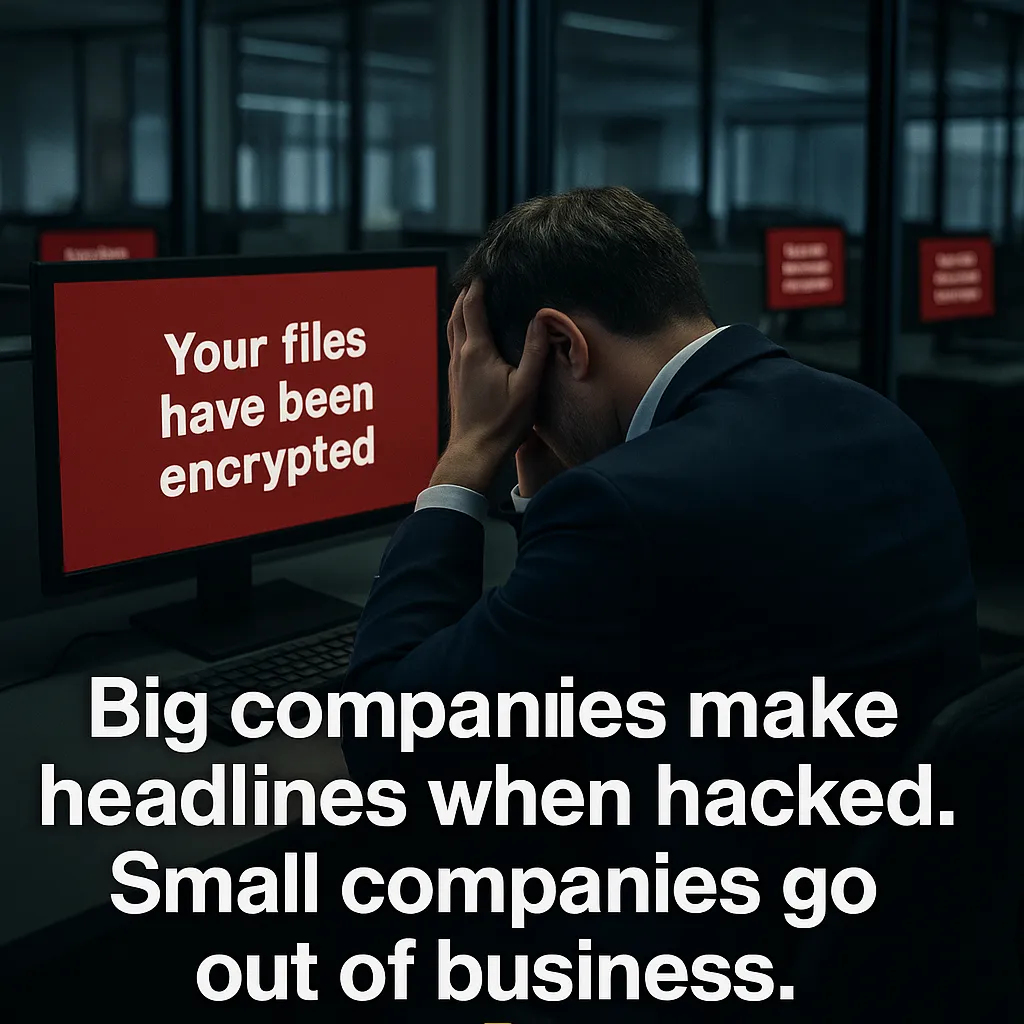 Office with computers desiplaying a message that says, "Your files have been encrypted" and a business owner with his face in his hands in defeat.