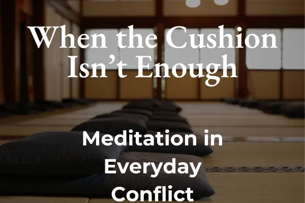 A zendo (meditation hall) with a row of empty cushions on the floor.