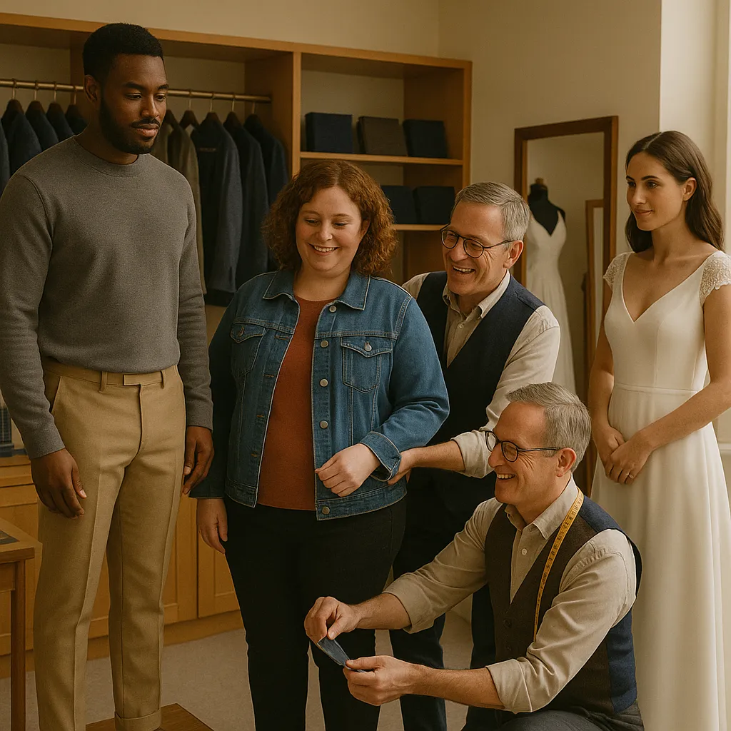 Clients of different styles and body types receiving tailoring services in a welcoming Harrogate studio, debunking the myth that tailoring is only for suits or luxury wear.