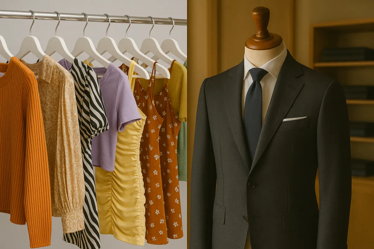 Visual comparison between fast fashion racks and a bespoke tailored suit in a Harrogate studio, emphasizing the difference in quality, craftsmanship, and timeless style.