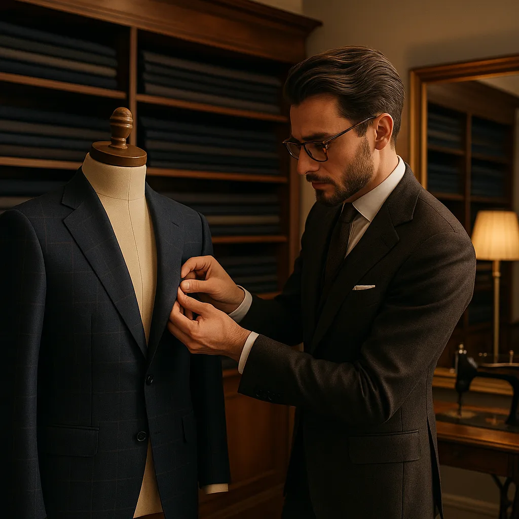 Experienced tailor at work in Harrogate studio, adjusting a bespoke suit on a mannequin surrounded by fabrics and sewing tools