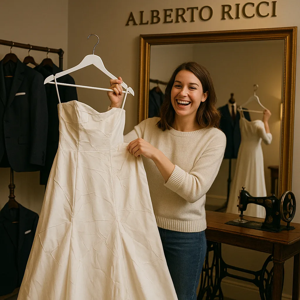 A smiling young woman holds up a wrinkled wedding dress in front of a mirror inside Alberto Ricci tailoring studio, highlighting the contrast between the amateur gown and the surrounding high-end suits, gowns, and vintage sewing equipment.