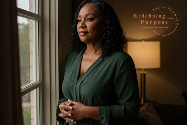 Editorial-style photograph of a black woman in midlife age standing near a large window during golden hour, soft natural light, calm reflective expression, modern interior, jewel toned and warm gray color palette, cinematic depth of field, minimal aesthetic, high-end lifestyle photography
